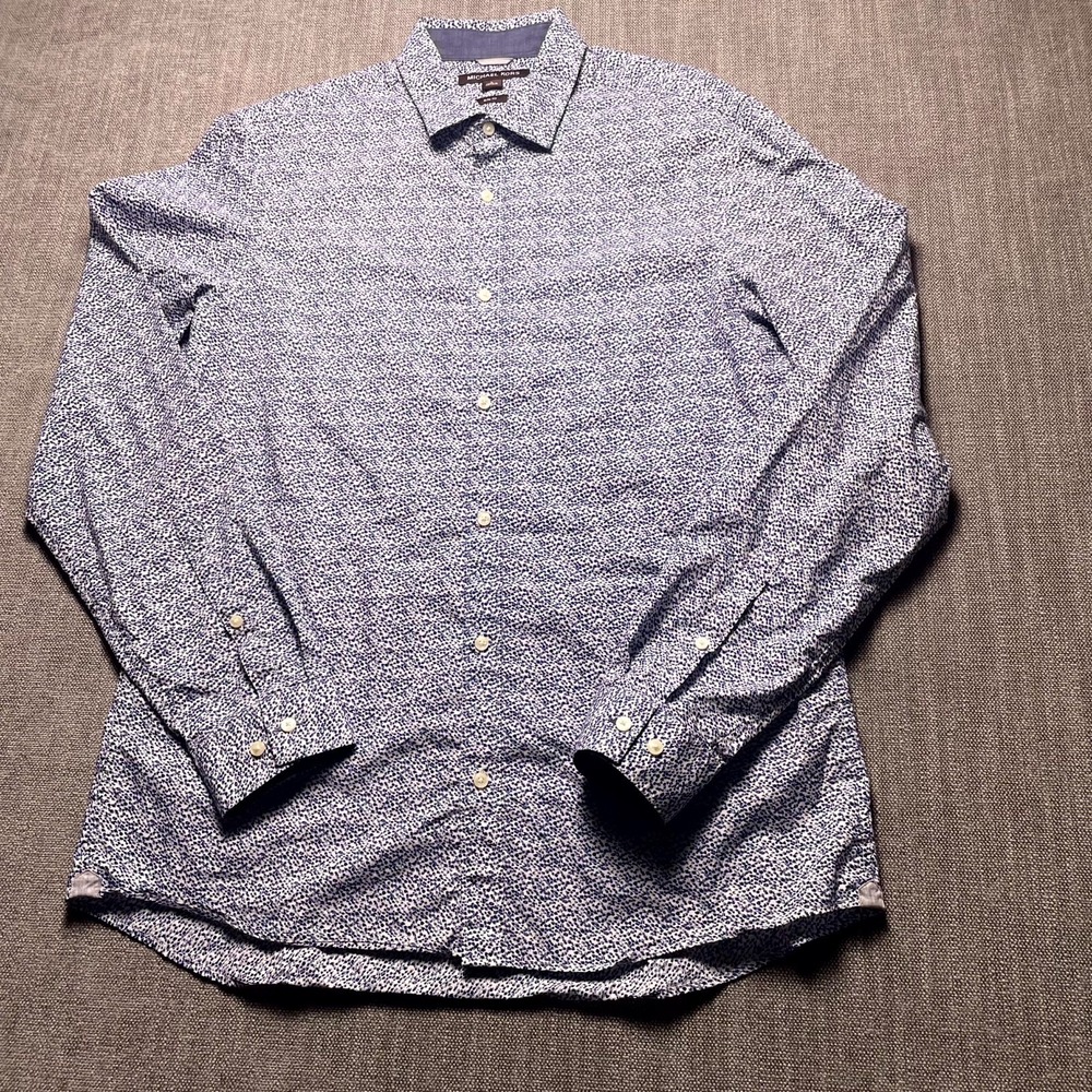 Michael Kors Mens Blue White Printed Slim Fit Button Up Shirt Large Long Sleeve